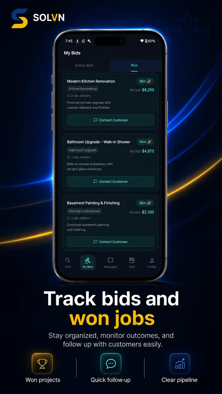SOLVN won bids tracking screen