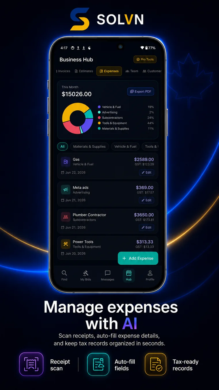 SOLVN expense tracking screen with AI receipt scan and tax-ready records