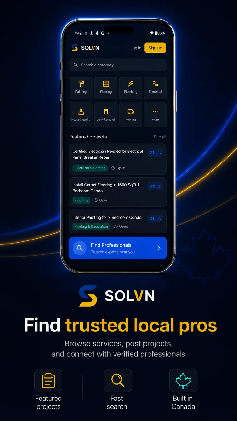 SOLVN homeowner app screen for finding trusted local professionals